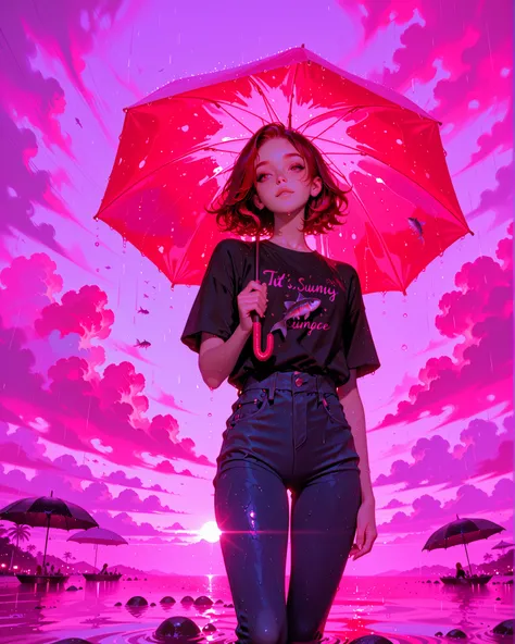 A tall, slender young woman with long legs, wearing tight blue jeans and a black t-shirt. She has wavy, vibrant red hair. It's a sunny summer day with a clear sky, but the girl is holding an open umbrella — and strangely, rain is falling only beneath her u...