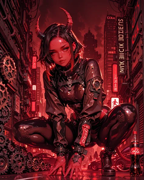 Chica demonio , Red skin, Horns, cola , Latex costume, Robotic Gears, futuristic devices, aggressive, brown, crouching . bottom: cyberpunk city . dark atmosphere