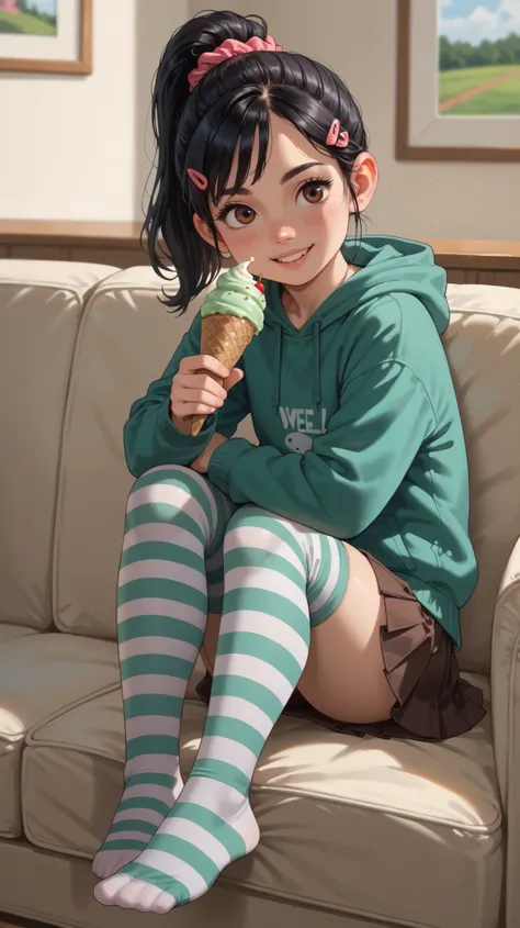 1 girl, VanellopevonS, 1girl, solo, black hair, hair ornament, hair scrunchie, green hoodie, hood down, brown skirt, striped thighhighs, (((no footwear))), small girl, cute, solo, sit on sofa, living room, sit, holding ice cream, close up, indoor