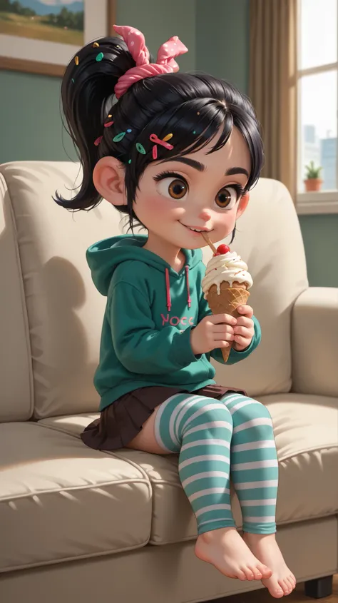 1 girl, VanellopevonS, 1girl, solo, black hair, hair ornament, hair scrunchie, green hoodie, hood down, brown skirt, striped thighhighs, (((no footwear))), barefoot, small girl, cute, solo, sit on sofa, living room, sit, holding ice cream, close up, indoor