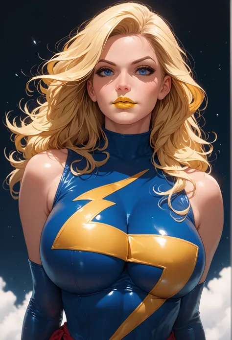 Women, blond hair, blue eyes, piel blanca, Big breasts, Miss Marvel, yellow lipstick, of the rays of God