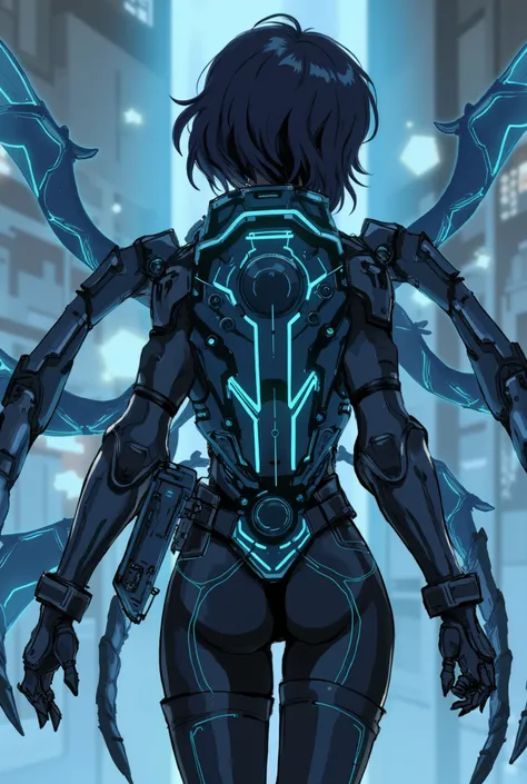 Prompt: a slim female character with short hair, seen from behind, wearing a dark medical uniform and tightly strapped leather harness, carrying a high-tech medical backpack on her back, shaped like a vertically stretched hexagonal coffin, made of dark blu...