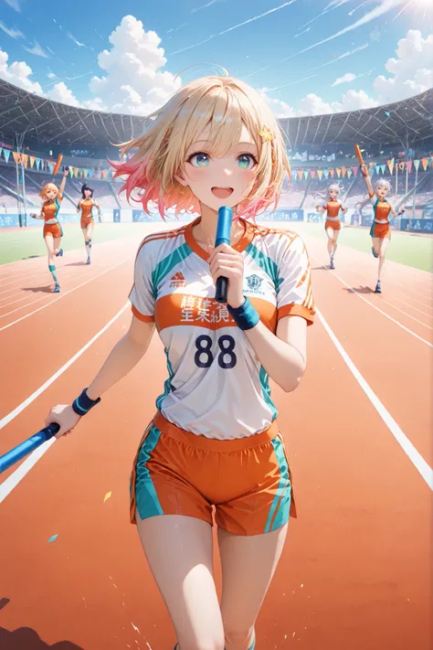 (masterpiece, detailed:1.2), semi-realistic, hyper-detailed, anime CGI render, A vibrant scene of a girls' sports festival at a Japanese high school. A group of energetic girls in colorful sports uniforms are running a relay race, cheering each other on wi...