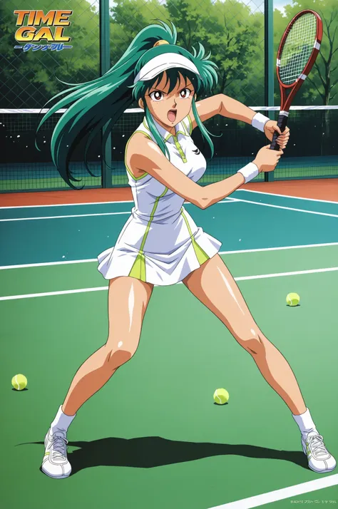 Time Gal with long green hair, wearing a white tennis outfits, playing tennis, action pose, on a tennis court, in full view in a highly detailed anime style