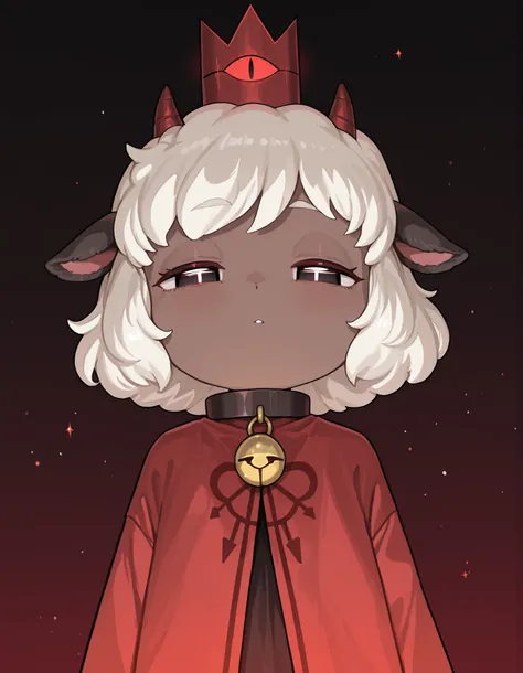 borscstyle,, masterpiece, best quality, very aesthetic, 1girl, solo, cult of the lamb, sheep girl, collar, horizontal pupils, red/black eyes, red crown,