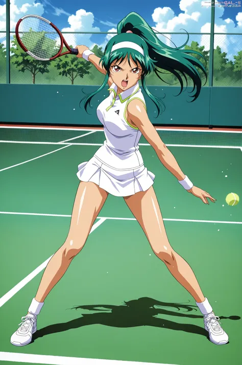 Time Gal with long green hair, wearing a white tennis outfits, playing tennis, action pose, on a tennis court, in full view in a highly detailed anime style