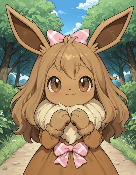 borscstyle,, pokekid, eevee, fluffy girl, furry girl, female, smile, smiling, has a big pretty bow in her hair, has animal paws for hands, 1girl, best quality, outdoors, high definition, cute,