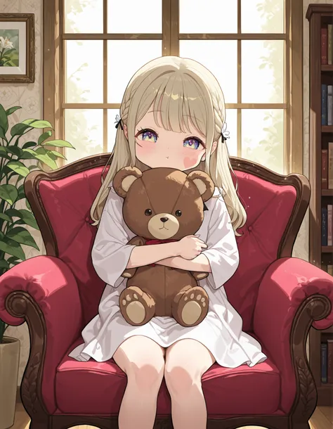 borscstyle,, A soft, natural light portrait photograph of Lily, a young girl with rosy cheeks and bright, curious eyes, holding a well-loved teddy bear. She sits comfortably in a vintage armchair, a gentle smile gracing her lips as she gazes directly towar...