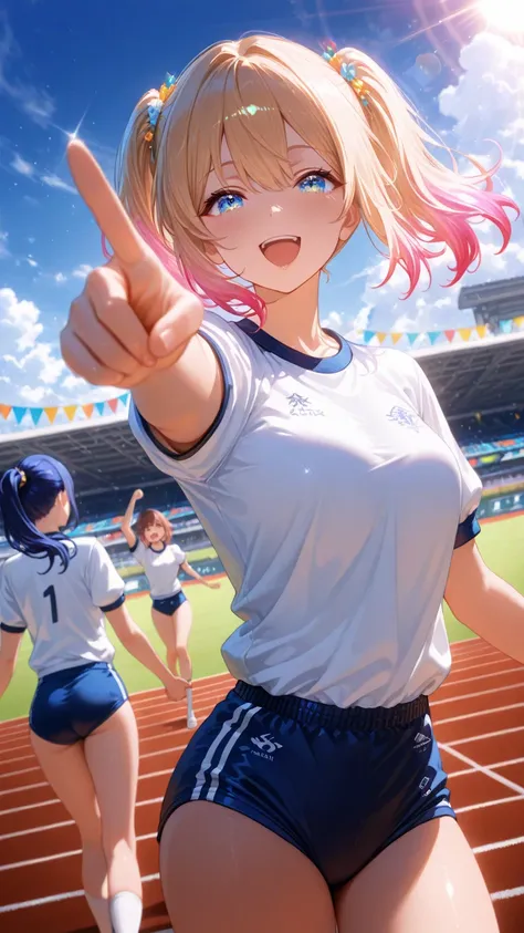 ,.
,Cute,748cmstyle,this is an illustration showing two people holding hands as they run and a third person holding up a girl, gym uniform, multiple girls, blue shorts, smile, twintails, 3girls, open mouth, pointing, gym uniform, buruma, simple background, shorts, carrying, ponytail, clear blue sky, fluffy white clouds, sports ground, school track, cheering spectators (blurred in background), colorful flags, vibrant colors, sunlight, energetic, fun, whimsical

,,


master piece,best quality,ultra detailed,ultra hires,32k,beautiful detailed face,beautiful detailed eyes,looking at viewer,, perfect human structure , Perfect Anatomy,motion line,masterpiece, best quality, ultra-detailed,hyper-detailed iris and pupil, high resolution, 8k, finely detailed, intricate details,sharp focus,dramatic shadows, perfect anatomy, detailed clothes, ray tracing reflections,Dynamic lighting,HDR,cinematic lighting, global illumination,Golden Ratio Composition,Radial Composition,Diagonal Composition,sun light,lens flare,happy,bokeh,caustics