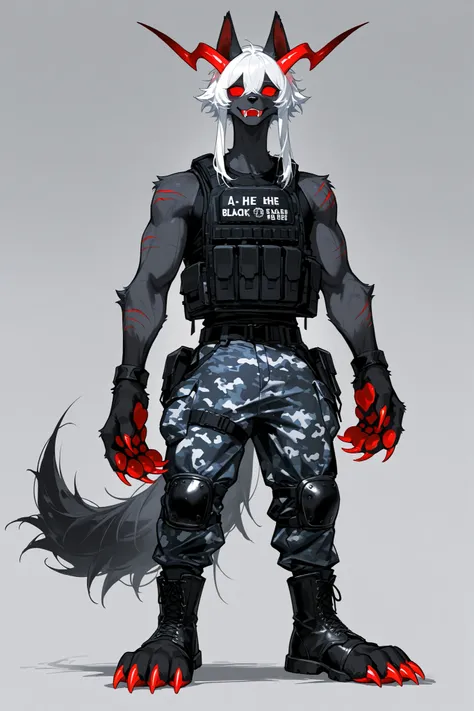 (Canine paws,xxx667_illu, paws pads, metacarpal paws pads,claws, detailed paws, [color] paws,)A tall furry demon who looks like a middle-aged man. He has darkest black furry skin, a strong, muscular build, and a broad-shouldered figure. He has a long neck ...