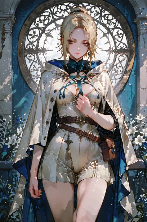 Shokolade, jormugand Shokolade, athletic toned body, ginger hair, wears a blue sensual uniform a cloak that drapes over giving off a fantasy vibe. Straps and belts wrap around the chest and waist, securing a pouch at their side. The chest area of the garme...