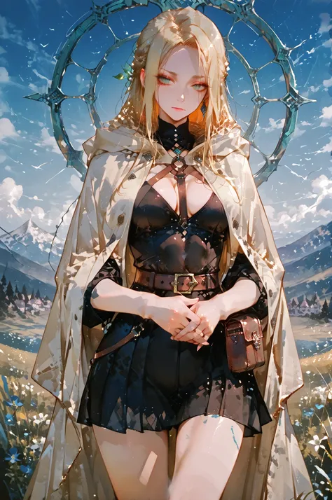 Shokolade, jormugand Shokolade, athletic toned body, ginger hair, wears a blue sensual uniform a cloak that drapes over giving off a fantasy vibe. Straps and belts wrap around the chest and waist, securing a pouch at their side. The chest area of the garme...