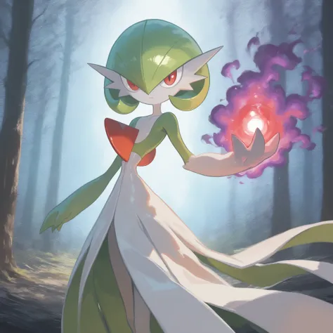 masterpiece, ultra-HD, impressionism, high detail, best quality, very aesthetic, 8k, best quality, beautiful, Gardevoir, 1girl, solo, white skin, green hair, short hair, red eyes, white dress, pokemon (creature), red crest on chest, green sleeves, flat che...