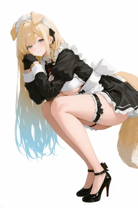 1girl alternate_costume animal_ears apron bent_over black_dress black_gloves black_shoes blonde_hair blue_eyes breasts closed_mouth clothing_cutout dog_ears dress enmaided fake_animal_ears frilled_dress frilled_thigh_strap frills gloves gradient_hair high_...