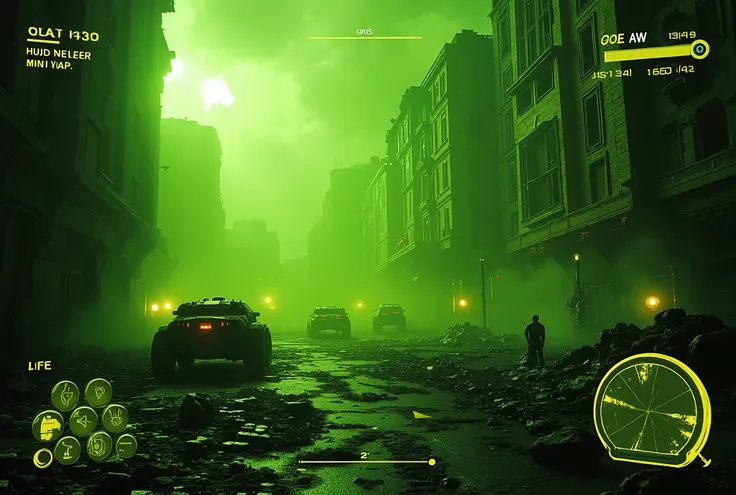 Cinematic scene, action cam, realistic dim lighting. HUD vision view, Light Yellow mix green vision view, battle info screen, Life parameters, direction rule, mini map, aiming, Life parameters, signal monitoring.
battleruins city, detroyed city, trench war...