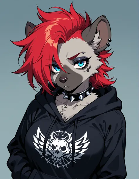 ,, 1girl, solo, anthro hyena, furry, furry female, blue eyes, punk, grey fur, black hoodie, breast, spike collar, red hair,