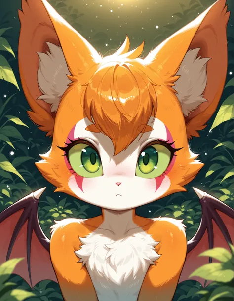 ,, masterpiece, best quality, very aesthetic, (1girl:0.7),, (solo:1.3), furry, fidget \(elysian tail\), nimbat, fidget_daet, anthro, furry female, wings, tail, green eyes, colored sclera, bat wings, facial markings, orange fur, white fur, two-tone fur,memb...