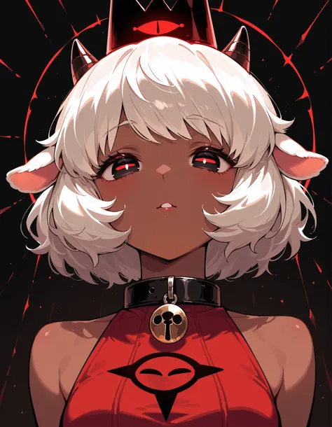 ,, masterpiece, best quality, very aesthetic, 1girl, solo, cult of the lamb, sheep girl, collar, horizontal pupils, red/black eyes, red crown,