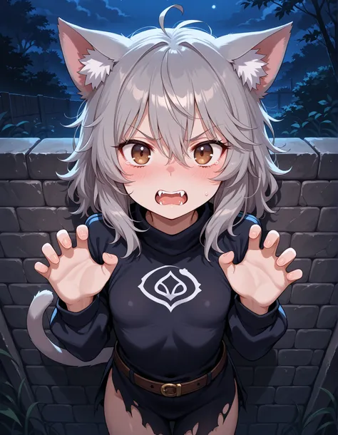 ,, 1girl, petite, (skinny and frail:0.7), cat girl, against wall, stone wall, brown eyes,looking at viewer, grey hair, medium hair, messy hair, angry, (scared:0.4), (open mouth:0.5), fangs, hands up, (tearing up:0.5), tail raised, torn clothes, straight-on...