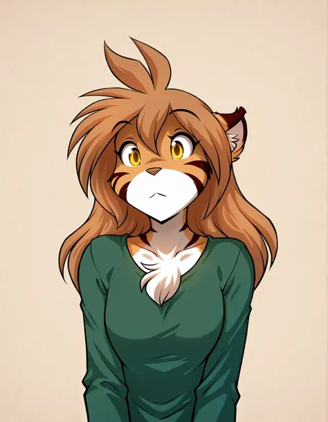 ,, masterpiece, best quality, very aesthetic, 1girl,, furry, solo, flora-twokinds, flora_twokinds,, tiger, striped fur, keidran, yellow eyes, anthro,, green shirt