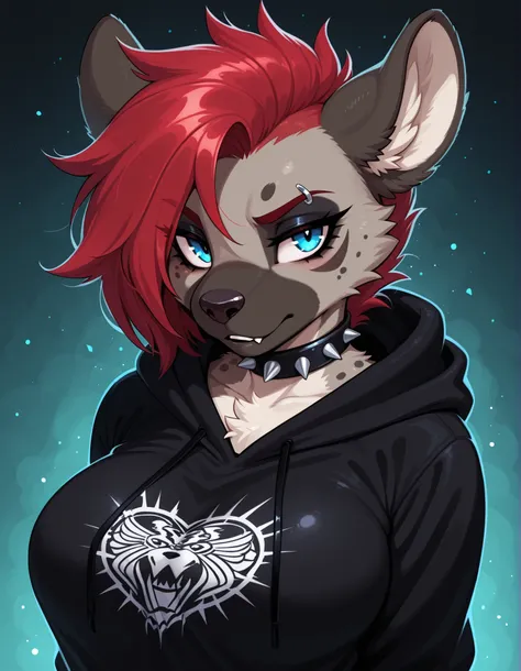 ,, 1girl, solo, anthro hyena, furry, furry female, blue eyes, punk, grey fur, black hoodie, breast, spike collar, red hair,