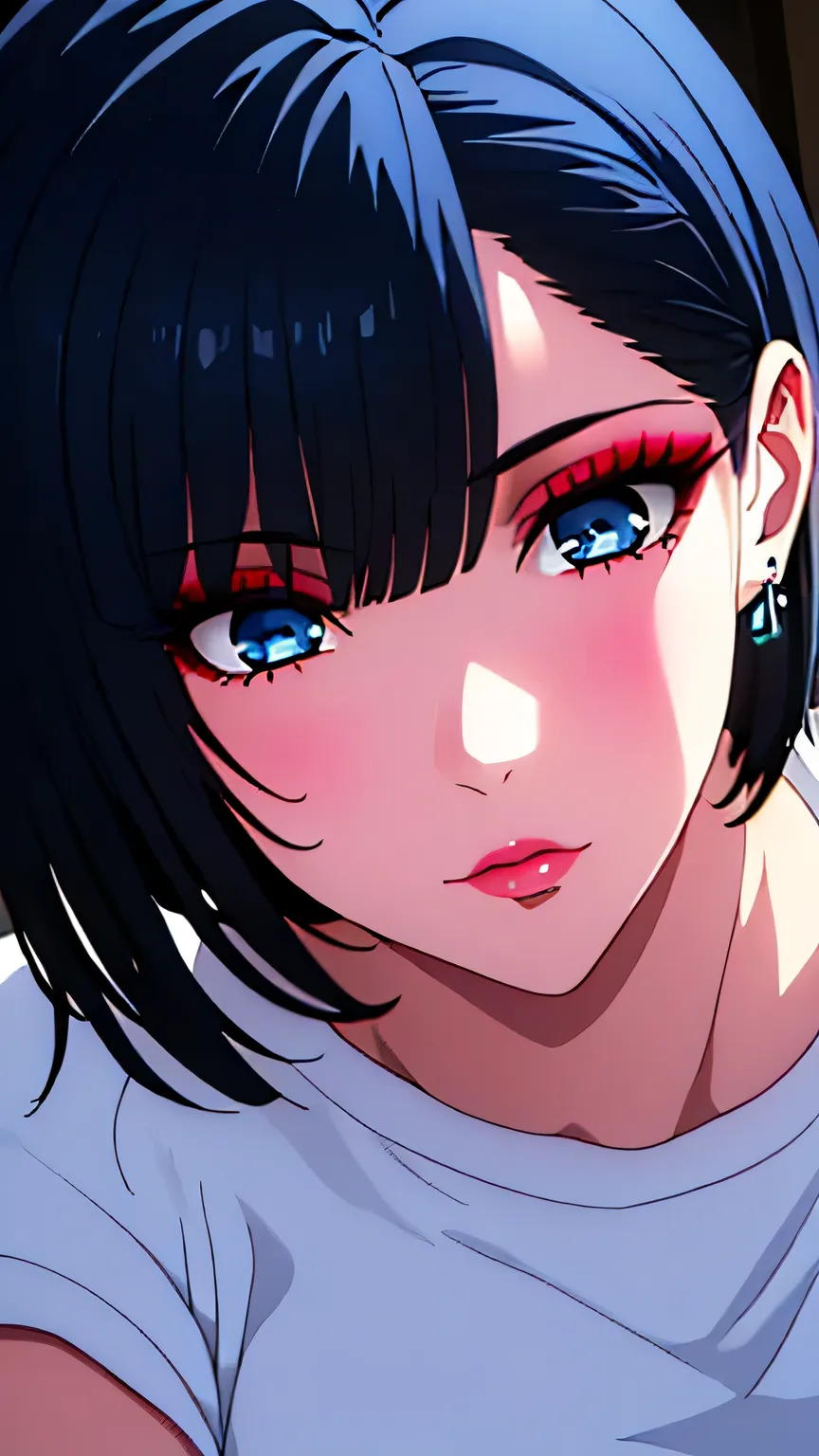 (masterpiece, best quality, high resolution, 8k:1.2), (anime coloring:1.2), highly detailed, tachibana, (medium breasts), blue eyes, short hair, blue hair, bob cut, beautiful eyes, perfect eyes, fine eyes, brown eyes, featuring big highlights, detailed fac...