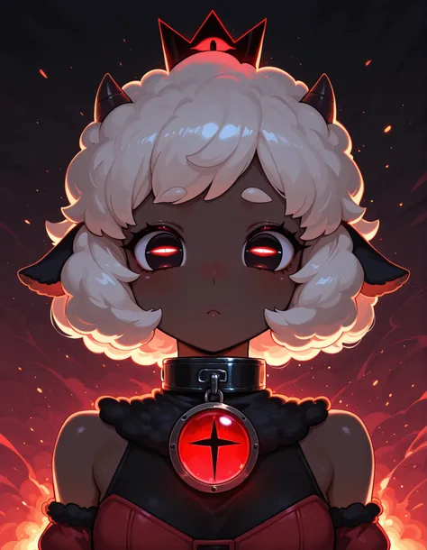 ,, masterpiece, best quality, very aesthetic, 1girl, solo, cult of the lamb, sheep girl, collar, horizontal pupils, red/black eyes, red crown,