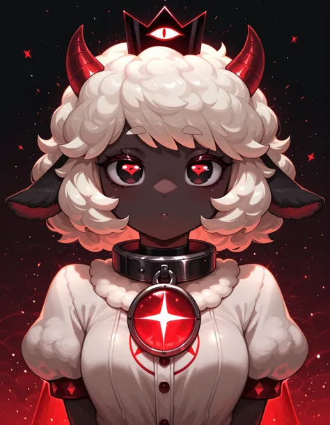 ,, masterpiece, best quality, very aesthetic, 1girl, solo, cult of the lamb, sheep girl, collar, horizontal pupils, red/black eyes, red crown,