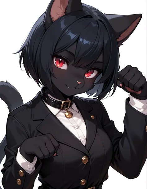,, masterpiece, best quality, very aesthetic, 1girl, solo, white background, looking at viewer, portrait, paw pose, :3, furry female, cat girl, animal ears, black hair, short hair, black skin, red eyes, cat tail, black jacket, buttons, long sleeves, black ...