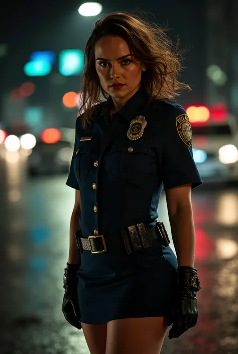 1 female、Beleza Americana、super bonito、Beleza facial、olhos Castanhos、standing、NYPD uniform、minissaia、Cabelo Castanho、rua noturna、Luz de fundo、 the wind is blowing 、Isto'is it raining、He's looking closely at the gun barrel.、Foto da coxa、super linda, sex...