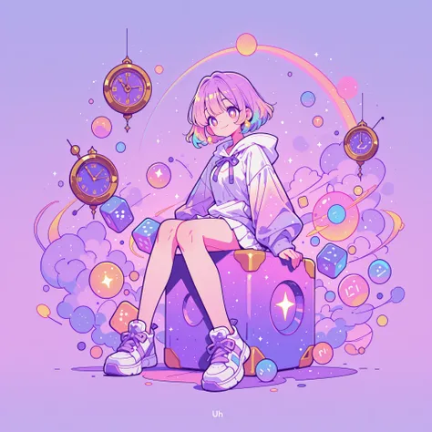 anime,cute girl, sitting on a giant dice, wearing white sneakers, surrounded by many colorful dice, large floating clock in the background, glowing hourglass, dreamy fantasy atmosphere, pastel colors, oversized hoodie, pleated white skirt, soft bob haircut...