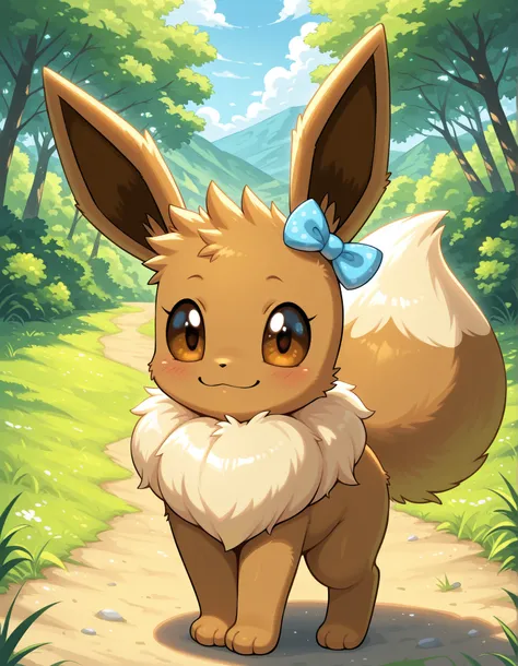 ,, pokekid, eevee, fluffy girl, furry girl, female, smile, smiling, has a big pretty bow in her hair, has animal paws for hands, 1girl, best quality, outdoors, high definition, cute,