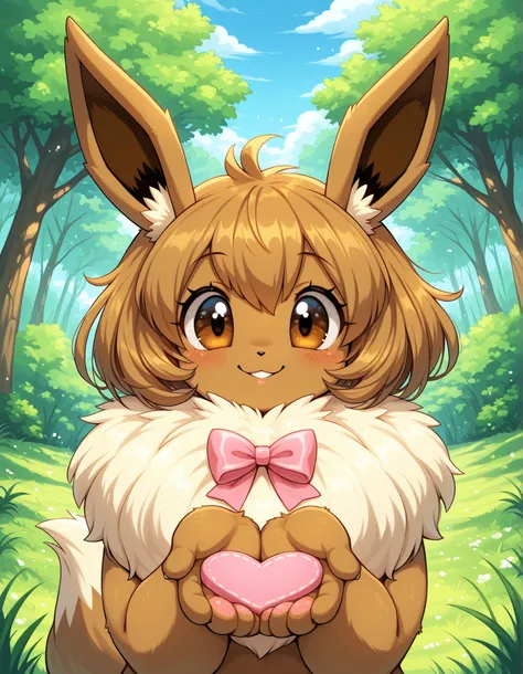 ,, pokekid, eevee, fluffy girl, furry girl, female, smile, smiling, has a big pretty bow in her hair, has animal paws for hands, 1girl, best quality, outdoors, high definition, cute,