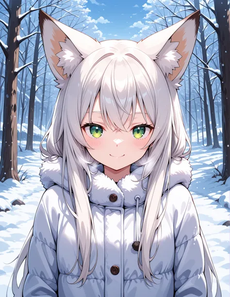 ,, anime, solo, BREAK, young fox girl, skinny and frail, (petite,cute:0.5), green eyes, looking at viewer, long hair, white hair, smile, winter clothes, outdoors, winter,
