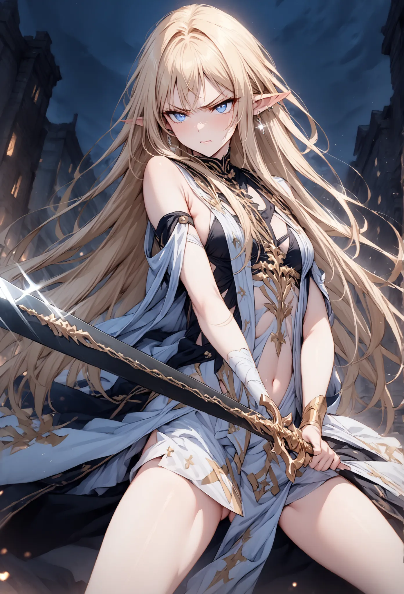 ((masterpiece, top quality:1.2)),(super resolution),(((soro))),cowboy shot with a close cute face,A slender saint posing with a large sword in both hands on the battlefield at night,thin thighs,Blonde Straight,long hair,stupid hair, perfect blue eyes ,Beau...