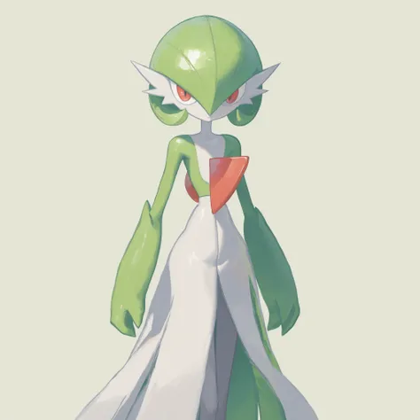 masterpiece, ultra-HD, impressionism, high detail, best quality, very aesthetic, 8k, best quality, beautiful, Gardevoir, 1girl, solo, white skin, green hair, short hair, red eyes, white dress, pokemon (creature), green sleeves, slim, serious, standing, loo...