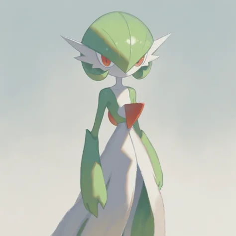 masterpiece, ultra-HD, impressionism, high detail, best quality, very aesthetic, 8k, best quality, beautiful, Gardevoir, 1girl, solo, white skin, green hair, short hair, red eyes, white dress, pokemon (creature), green sleeves, slim, serious, standing, loo...