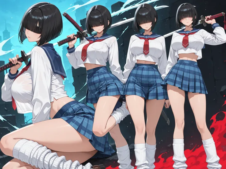 (big breasts, short bob haircut, blunt bangs, hair covered eyes, black hair, midriff), (white shirt, blue sailor collar, red tie, blue plaid skirt, short skirt, knee high socks, loose socks), (sword,. holding weapon)