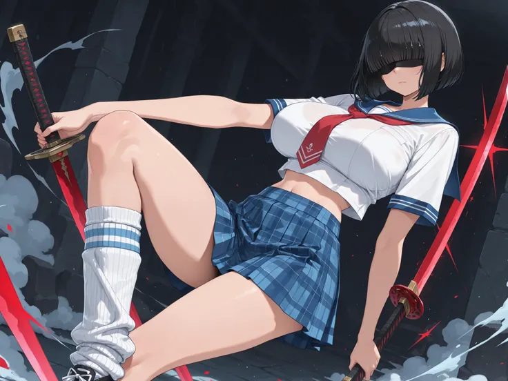 (big breasts, short bob haircut, blunt bangs, hair covered eyes, black hair, midriff), (white shirt, blue sailor collar, red tie, blue plaid skirt, short skirt, knee high socks, loose socks), (sword,. holding weapon)