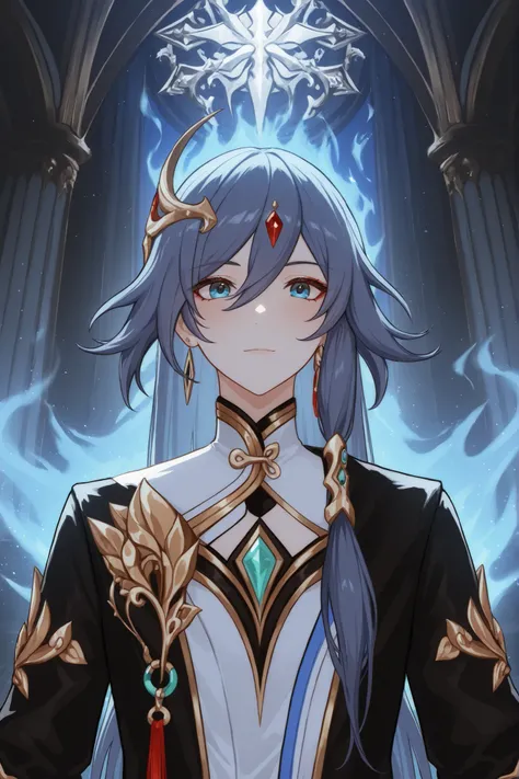 ((apenas)), (Fu hua :1.2), Aquecer, Beautiful woman with half-gray blue hair , cabelo longo, cabelo desgrenhado, sidelocks, levado, Olhos preto, olhos brilhantes, seios grandes, decoration, aura brilhante, parte superior do corpo, ao ar livre, Mundo dif...