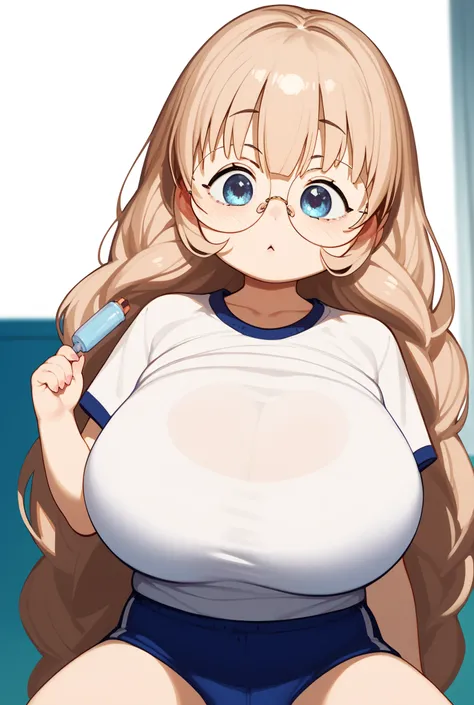 solo， lori，((Small toddler))，child，round glasses，huge breasts，Gym Clothes，long hair，Cham22 style，Usami々 - Kodomo no Jikan