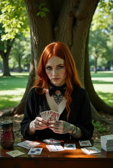 Young altushka girl, redhead, sits in the park under a tree and shuffles cards for a new batch, Tattooed hands style, Na face bright makeup, looks maliciously mysterious