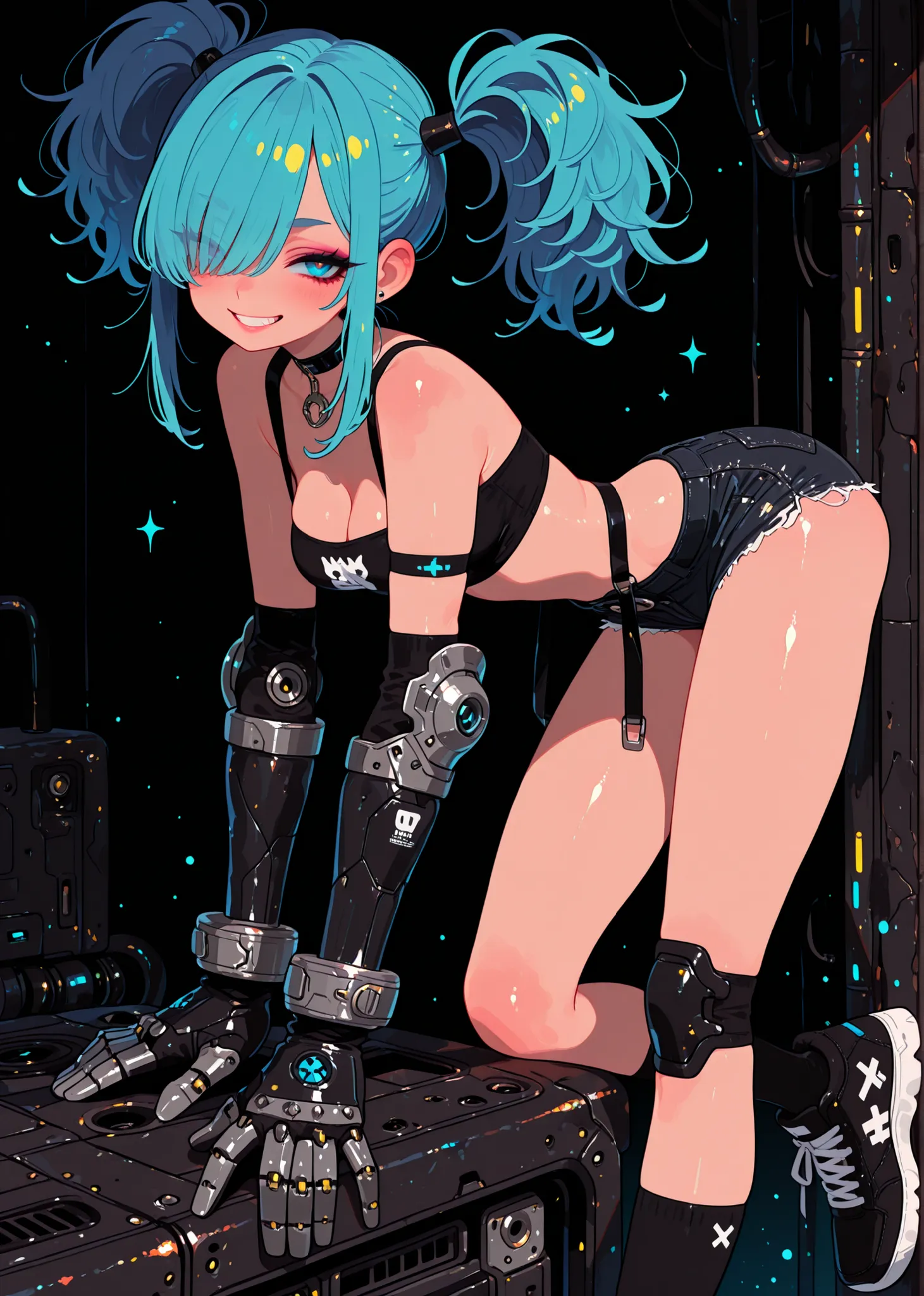 (adpx:1.2), (masterpiece:1.35), (very aesthetic, best quality:1.3), highly detailed, dark environment, backlit, absurdres, hyperdetailed, addmicrodetails, flat anime artstyle, (no lineart), detailed shading and shadows, solo, intricate design, cyborg, mech...