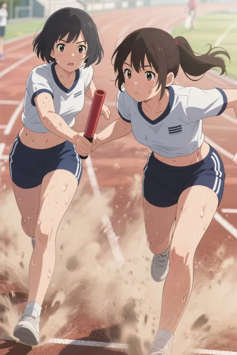 The moment of a baton handoff in a school sports relay race, two different gym-uniform girls with contrasting appearances — one with short hair and intense expression, the other with longer hair tied back and determined gaze — dust rising from the track, a scene full of tension and hope, soft anime shading, realistic details, slice-of-life style.,Sweating all over the body, (((from below)))