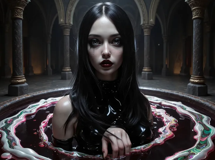 An extremely attractive gothic-style woman, detailed facial features, piercing eyes, pale skin, dark makeup, long flowing black hair, elegant posture, hypersensual expression, liquid chromatic spiraling circle below her, swirling vortex, dark moody environ...