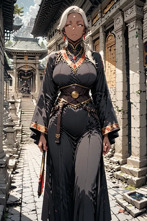 (masterpiece, best quality:1.2), highly detailed, solo, 1 man, mature man, half_age, african skin,artificer clothesand tools, temple ruins on background, fan art, 