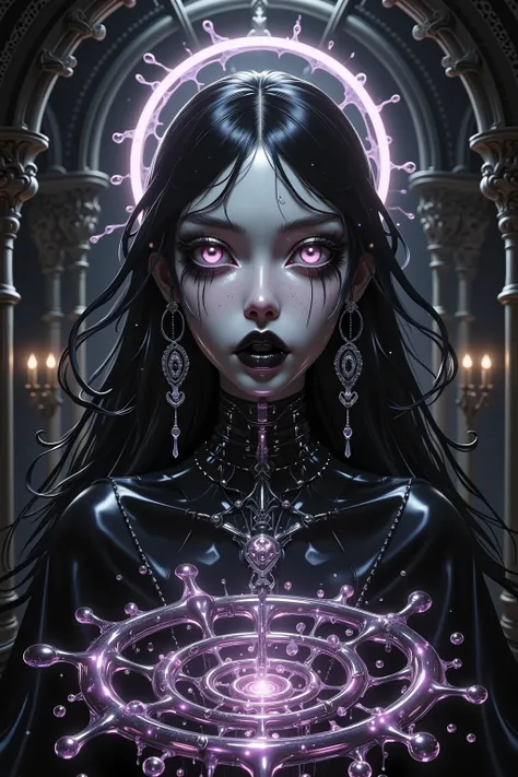 An extremely attractive gothic-style woman, detailed facial features, piercing eyes, pale skin, dark makeup, long flowing black hair, elegant posture, hypersensual expression, liquid chromatic spiraling circle below her, swirling vortex, dark moody environ...