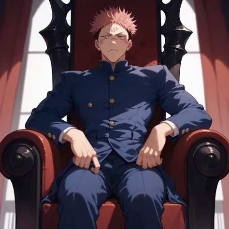 Ryomen Sukuna from Jujutsu Kaisen is sitting on a demon throne. he looks down at you with an evil look.