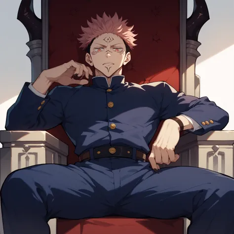 Ryomen Sukuna from Jujutsu Kaisen is sitting on a demon throne. he looks down at you with an evil look.