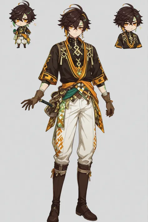 A boy, orange eyes, dark circles, and eyeliner stands with his entire body turned toward the viewer. He has crisscross bangs and wears short Japanese and medieval-style clothing, including a kimono, white pants with gold trim, details on the clothing, acce...